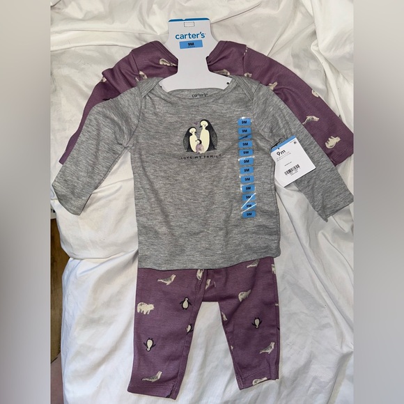 Carter's 3-Piece Long Sleeve Bodysuit Pant Set Girl Size 9 Month Purple Penguin - Picture 2 of 6